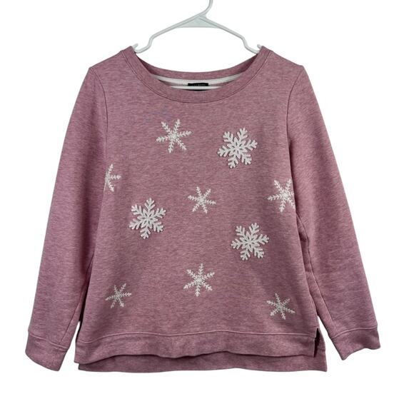 Talbots Pink White Embroidery Snowflake Applique Pullover Sweatshirt Size MP - Picture 1 of 11